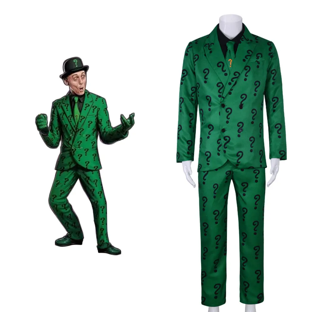 

NEW Halloween Bat Joker Outfit 1966 Riddler Cosplay Costume Edward Nygma Green Printing Men Suit Uniform Jacket Vest Shirt Pants