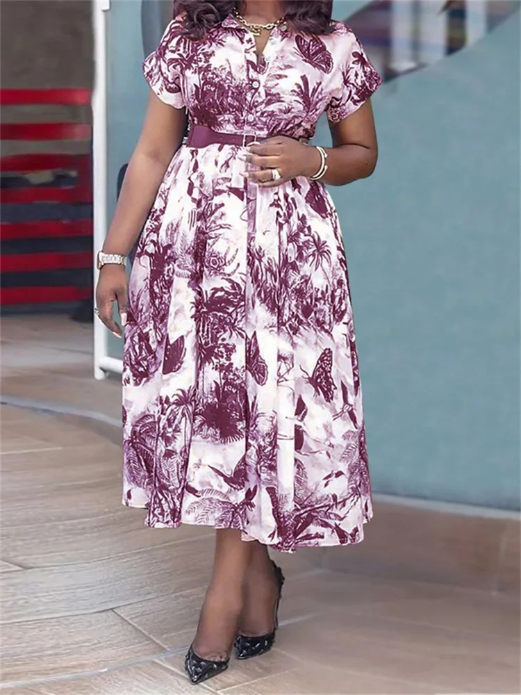 Wmstar Plus Size Dresses for Women New in Summer Elegant Vintage Short Sleeve Print Maxi Dress Wholesale Dropshipping with Belt