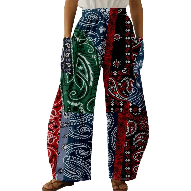 

Ladies Hawaiian Casual Pants Portable Design Double Pockets Cashew Flower Retro Contrast Stitching Loose Wide Leg Pants