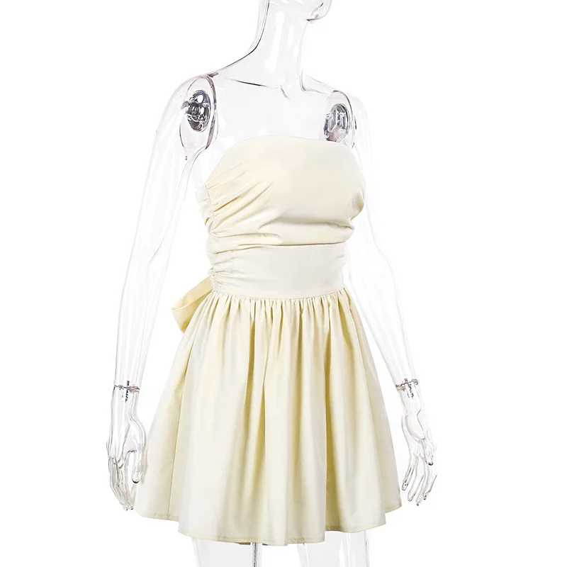 Tee Bow Bandeau Pleated Mini Dress For Women Fashion Sleeveless Patchwork Bandage Party Dress Female Lace-Up Y2k Dress New