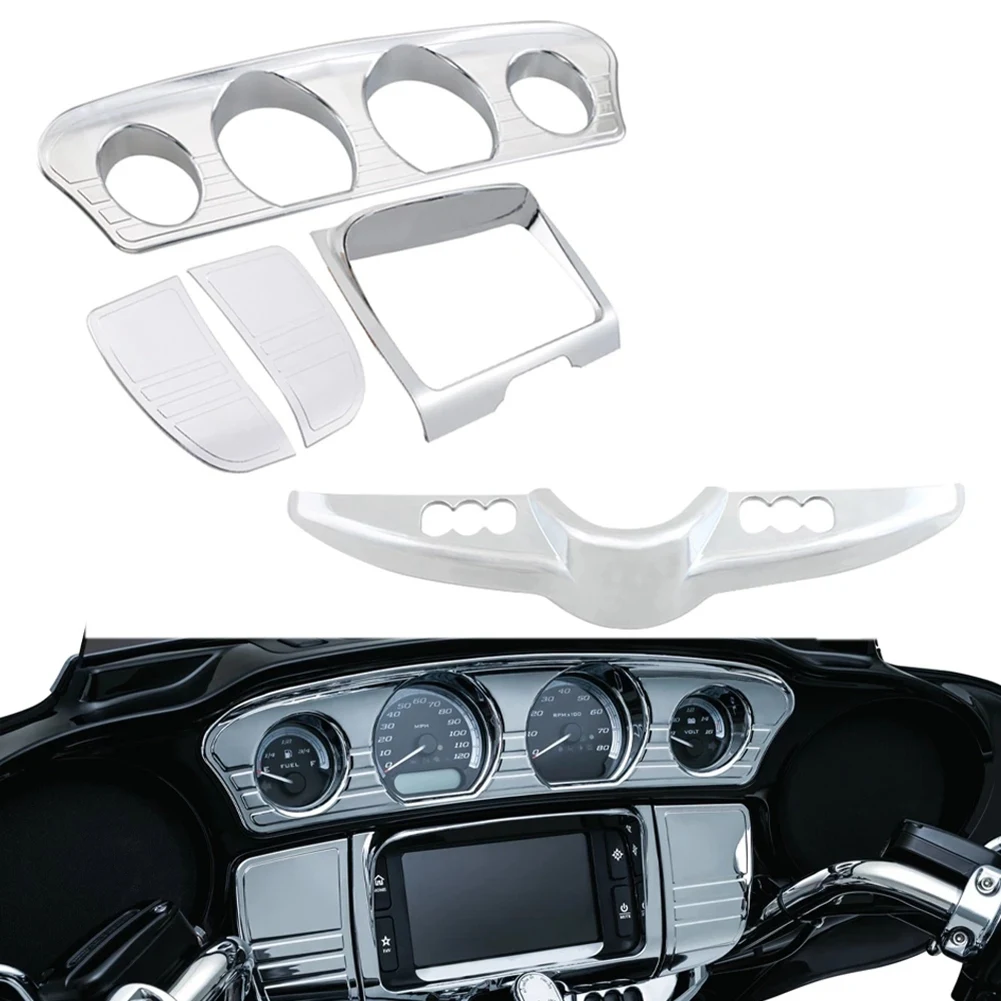 

5Pcs Motorcycle Chrome Inner Fairing Tri-Line Gauge Stereo Bezel Trims Panel For-Harley Street Glide Tri Glide 2014-2022