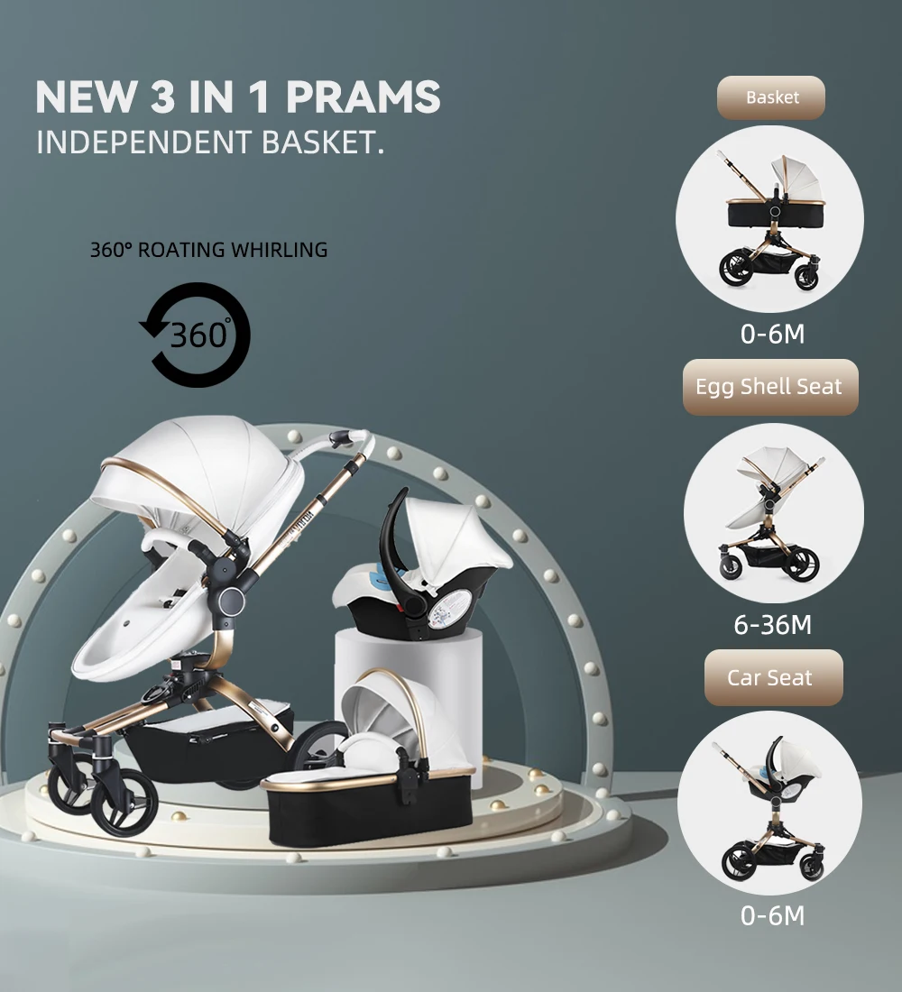 Fast and 3in1 baby stroller Aulon 360 &deg; roation pram newborn bassinet egg shell seat lying and seat infant carriage