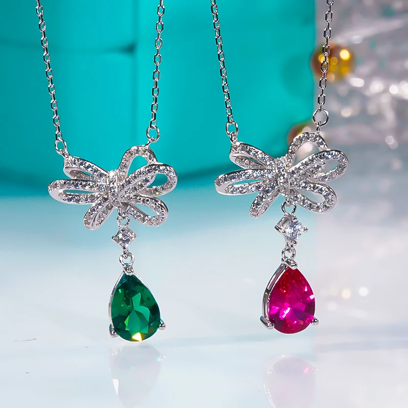 

Emerald Drop Shaped Gemstone Necklace Sterling Silver Women Luxury Cubic Zirconia Ruby Bow Collarbone Chain Fine Jewelry