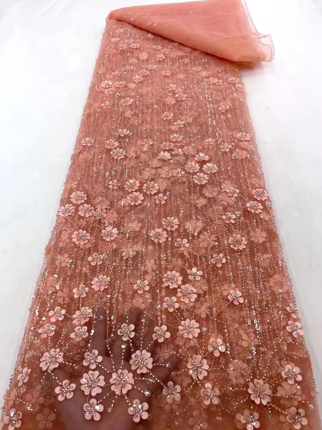 

Handmade Beaded Lace Fabric 2023 Embroidery French Luxury Nigeria Sequins Wedding Dress Embroidered Aqua Tulle Material PL077-6
