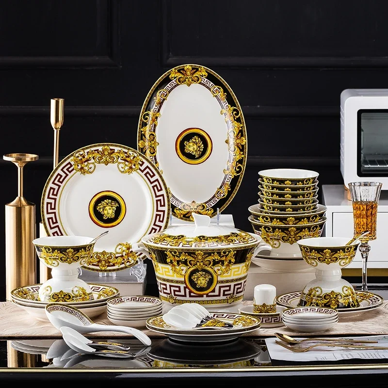 

Wholesale Ceramic Tableware Plates 58pcs Set Bone China Gold Wedding Dinnerware Dinner Dishes Plates Sets