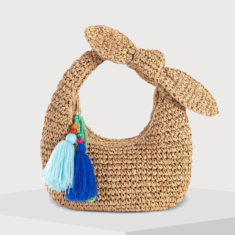 Fashion Trend Knotted Straw Woven Handbags 2025 New Women Hand-Woven Rattan Evening Clutch Bags with Bow Dumpling Banquet Purses