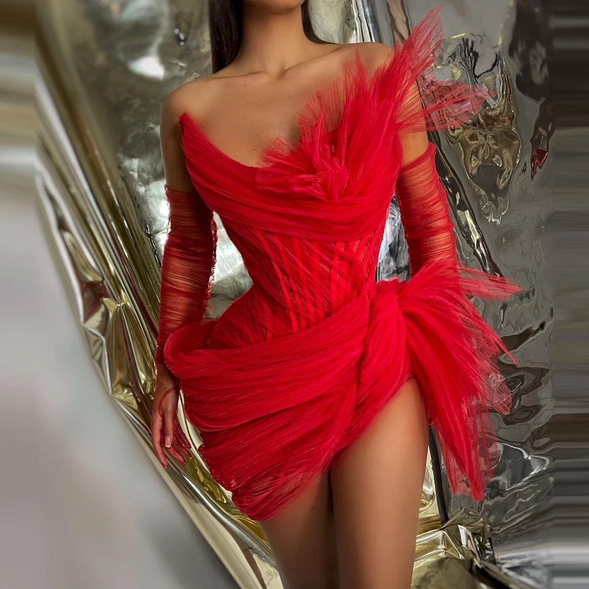 

Пикантное красное короткое Тюлевое платье для выпускного вечера с длинным рукавом съемное мини-платье с оборками Плиссированное коктейльное платье для вечерние на заказ со шнуровкой