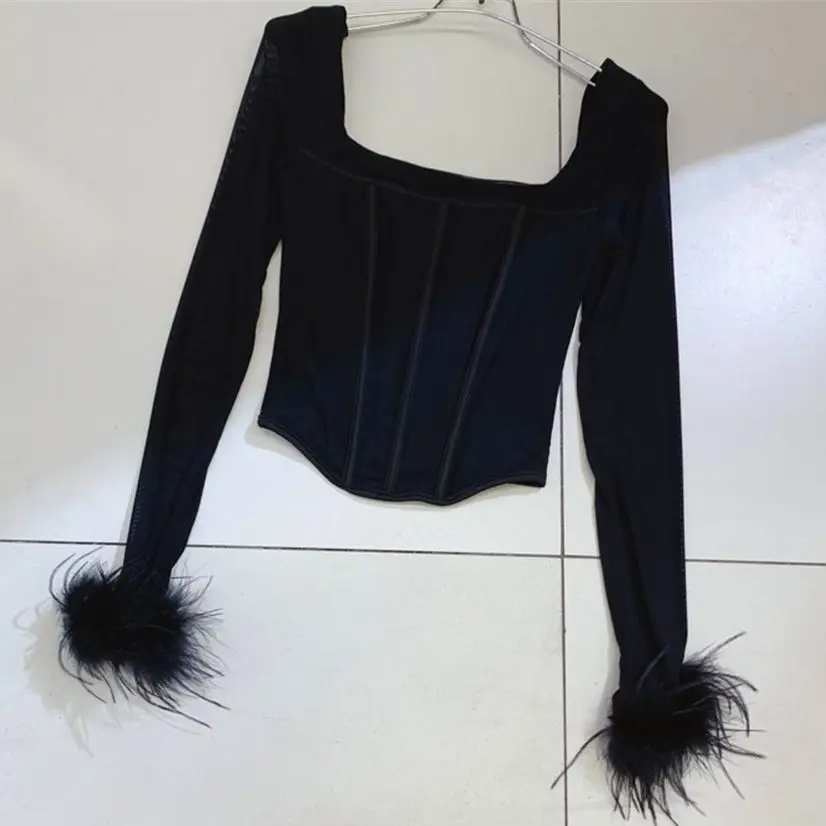 Women Shapewear Skinny Blouse Black Long Feather Sleeve Low Cut