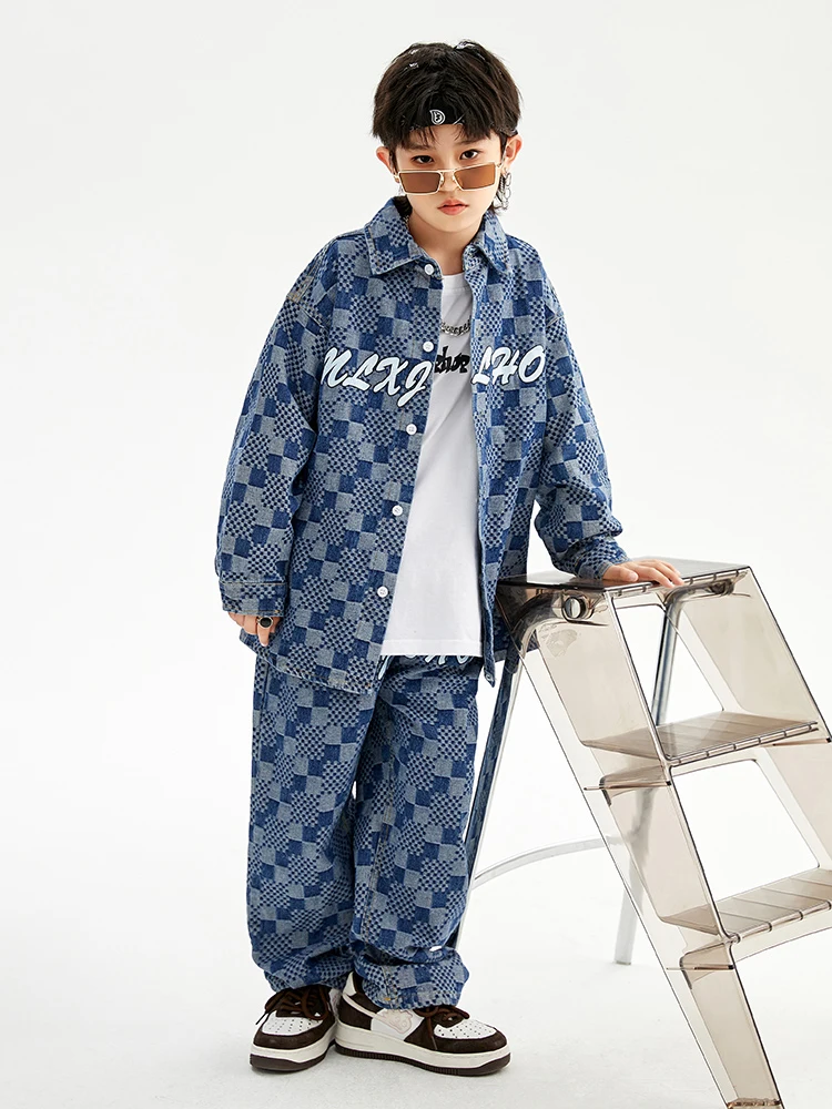 

Hip Hop Dance Costume Fashion Lattice Denim Shirt Pants Boys Streetwear Girls Jazz Modern Dance Performance Clothes Kids BL9308
