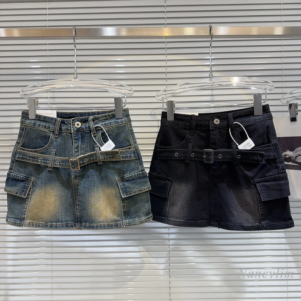 

2024 Spring New American Retro Hot Girl Belt Decorative Do The Old Cowboy Hip Skirt Short Denim Skirt for Women Street Blue