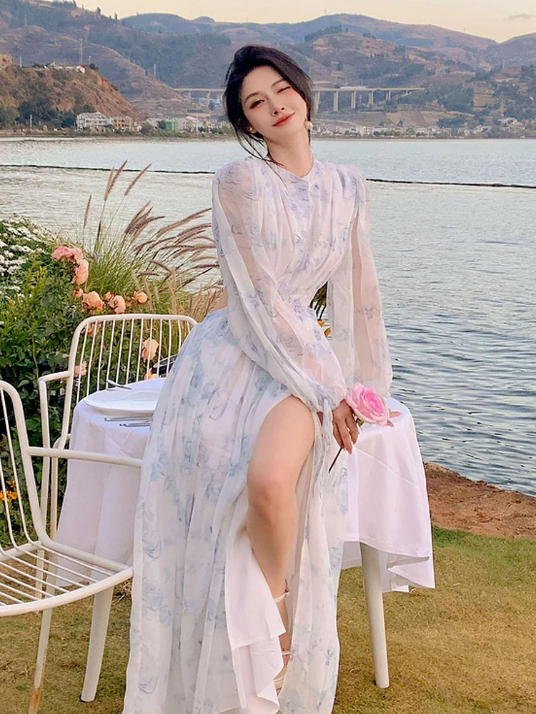 

Chiffon floral leakage waist dress female summer senior sense Sanya super fairy beach travel holiday beach long dress