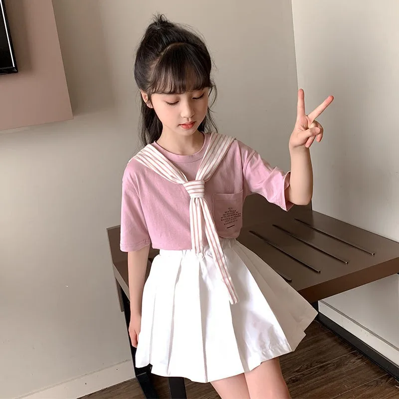 

New Kids Summer Girls Clothes Short Sleeve T Shirt + Pleated Skirt Outfits Children Preppy Style Clothing Sets 5 6 8 10 12 Yrs