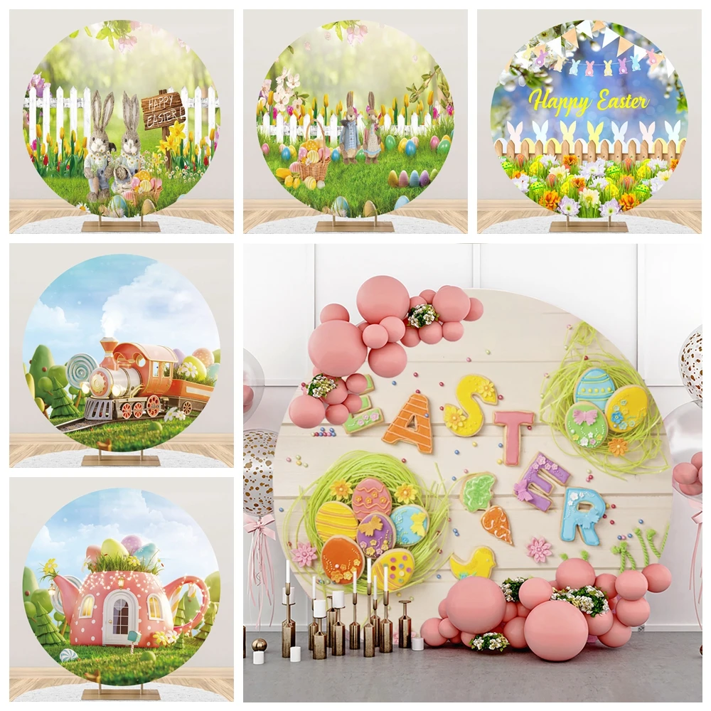 

Happy Easter Round Backdrop Rabbits Eggs Flowers Grass Spring Baby Birthday Party Photography Background Decor Photo Studio Prop