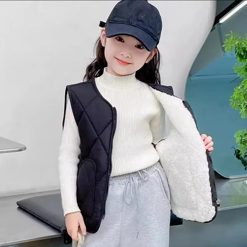 가을 겨울  ??두꺼운 따뜻한 조끼 솔리드 컬러 소년 소녀 민소매 자켓 유형 지퍼 조끼 캐주얼 스타일 아동 조끼