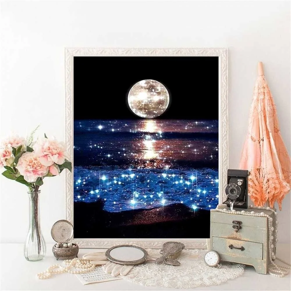 HUACAN 5D DIY Diamond Painting Full Round Square Landscape Moon rhinestones Diamond Embroidery Seaside Mosaic Decortion