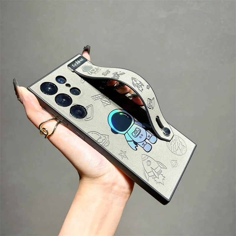 Laser Astronaut Wrist Strap Holder Leather Case for Samsung Galaxy S23 S22 Ultra S23Ultra S22Ultra Shockproof Back Cover_voghion.com