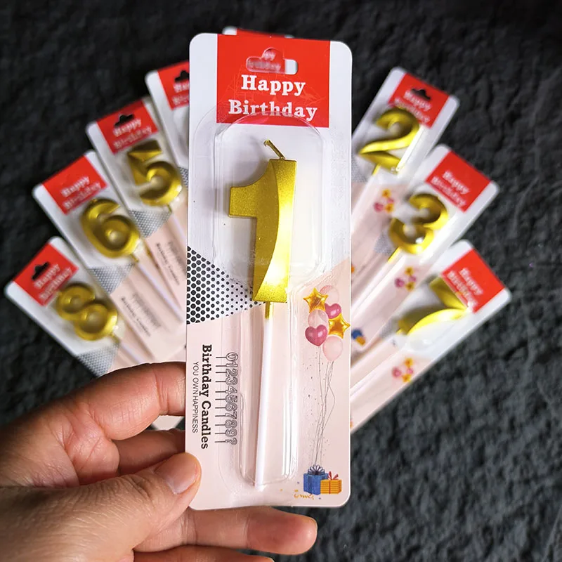 1Pc 0-9 Number Birthday Candles 3D Design Golden Smokeless Cake Decoration Candle Topper For Birthday Anniversary Celebration