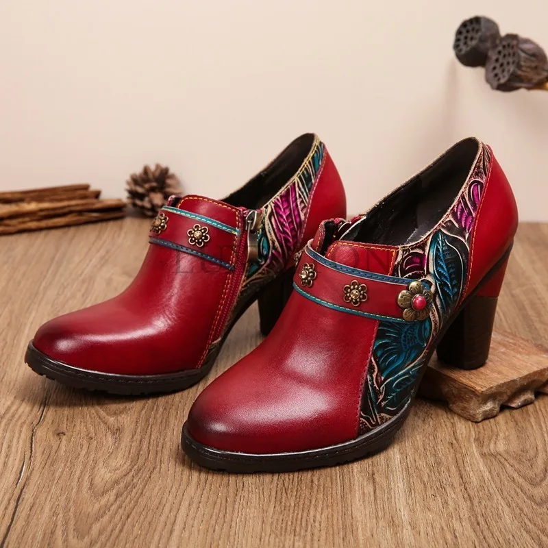 

Genuine Leather Women Side Zipper Handmade High Heels Round Toe Fashion Shoes Simple Casual Comfortable Versatile