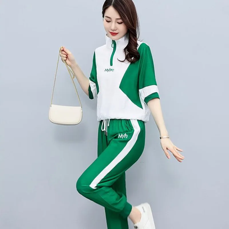 2023 Summer New Fashion Sports Leisure Suit Korean Style Loose Splicing Short Sleeve Tops Pencil Pants 2 Two Piece Set For Women