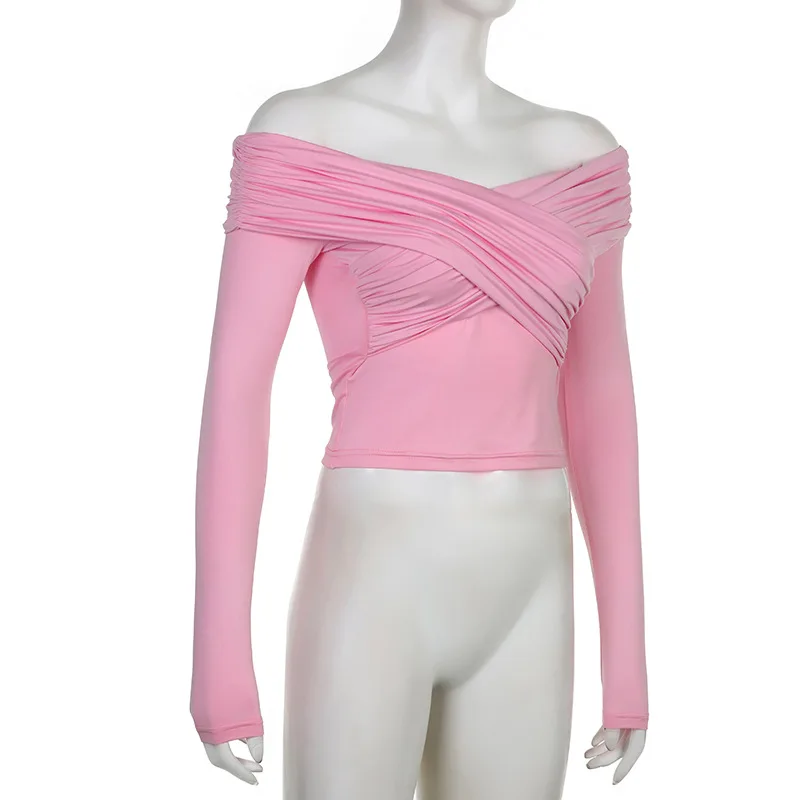 V-Neck Summer Patchwork T-shirt Cropped Top For Women Fashion Mesh Long Sleeve Sexy Off-Shoulder Female Y2k Top Tee 2025