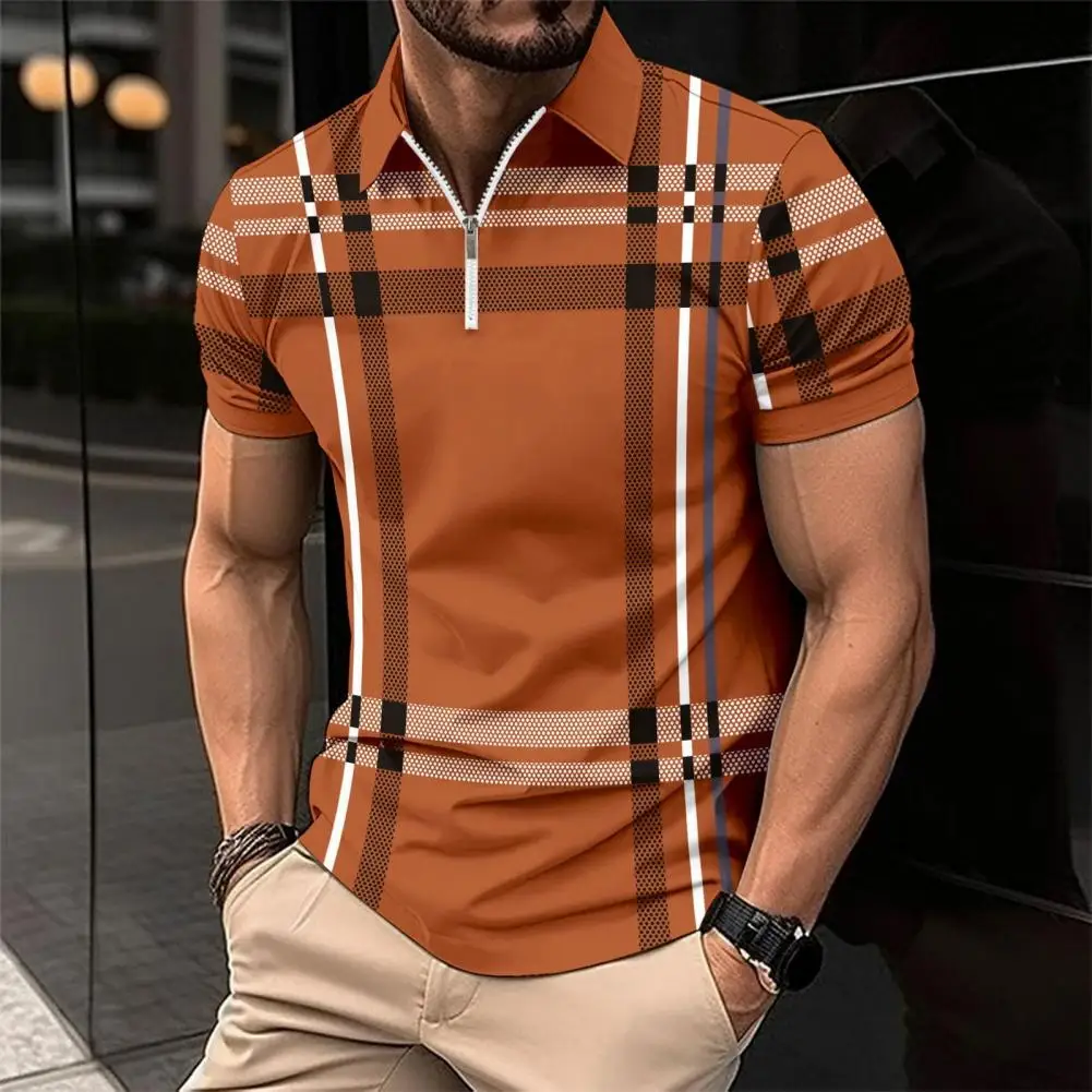 Comfortable Men Shirt Men Business Shirt Stylish Men's Summer Shirt with Lapel Zipper Plaid Striped Print Slim Fit Short for Men