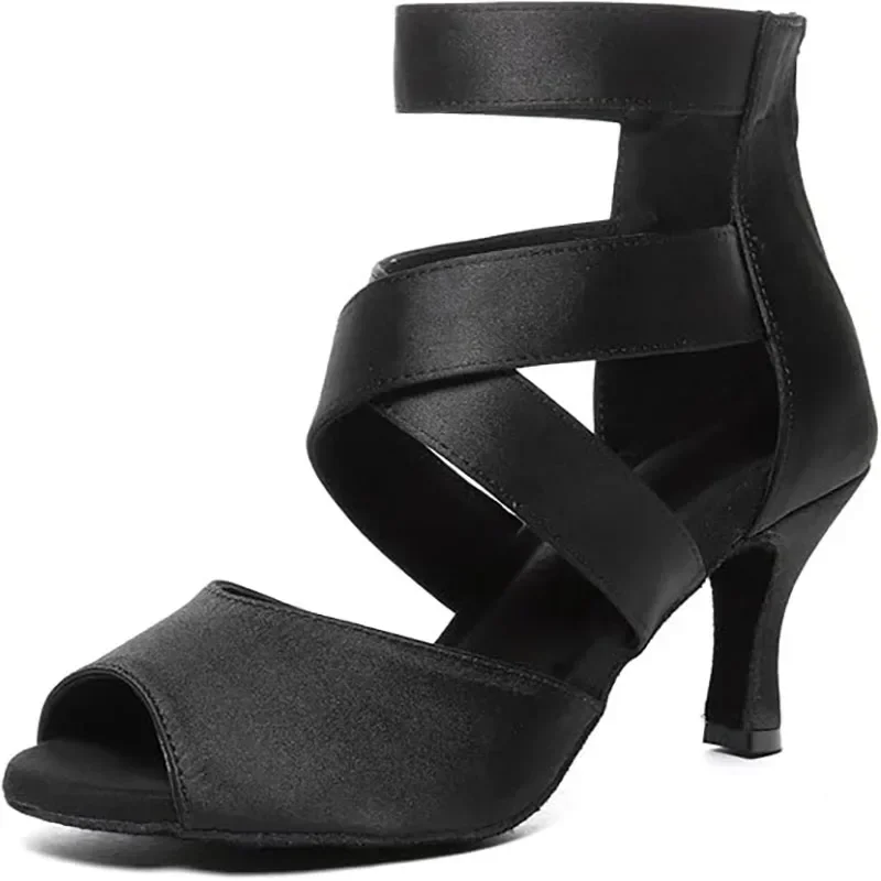 Black Latin Dance Shoes for Women Professional Satin Soft Sole Hight Heel Dancing Ballroom Salsa Tango Boots Show Competition