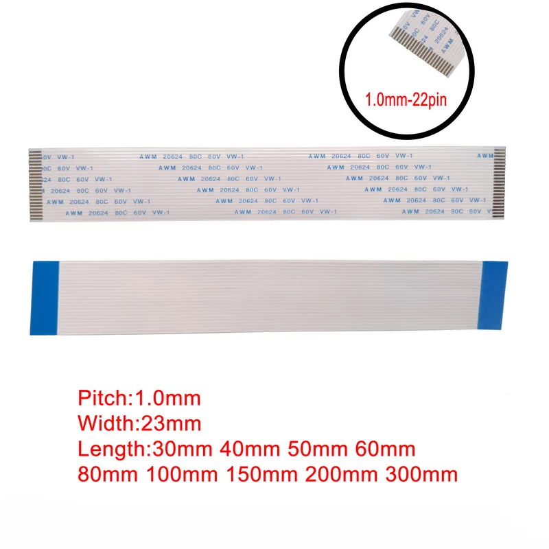 

22Pin 1mm Pitch FFC FPC AWM 20624 80C 60V VW-1 A B Type Flat Flexible Cable 60/100/150/200/250/300/400mm connector
