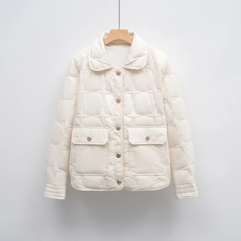 Women Short White Duck Down Jacket Stand Collar Female Loose Casual Soft Warm Coat Covered Button Big Size Good Quanlity