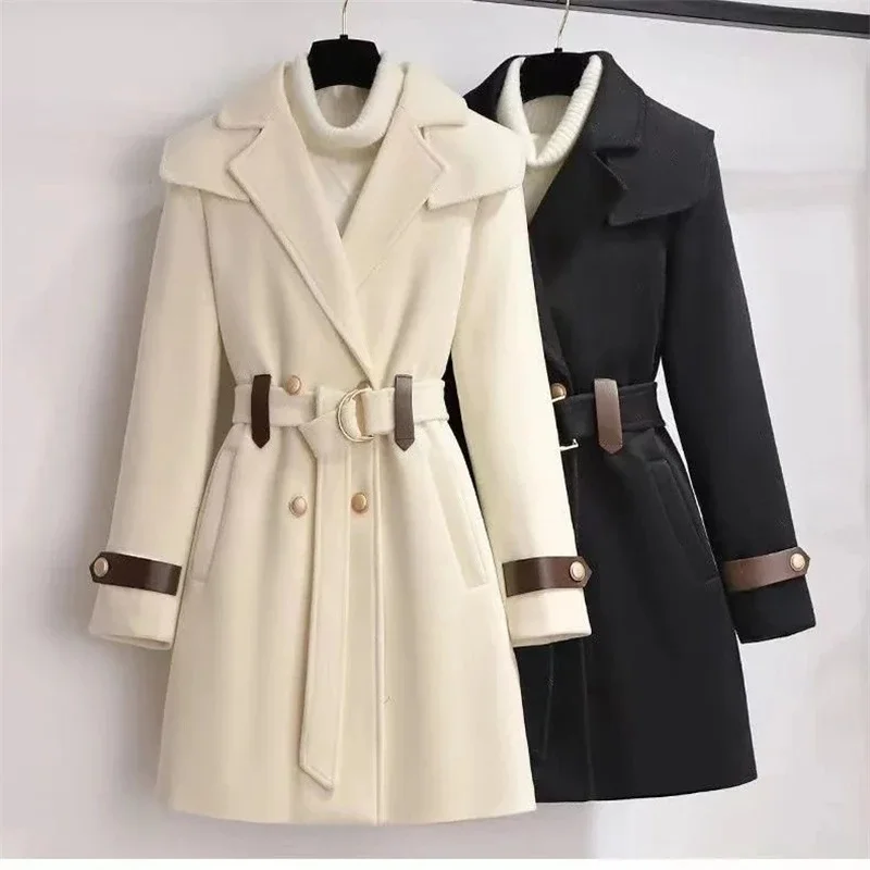 

Новинка 2023, осенне-зимняя шерстяная куртка, женская одежда, шерстяные пальто, Элегантное длинное пальто с поясом, женская верхняя одежда бежевого и черного цвета