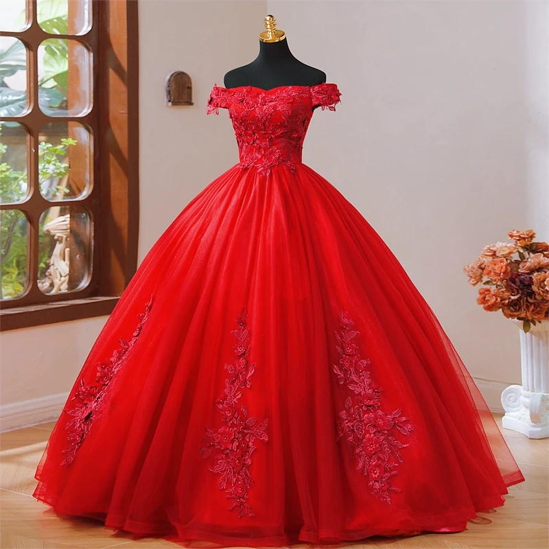 Summer New Red Quinceanera Dresses Sweet Flower Party Dress Luxury Lace Ball Gown Classic Boho Vestidos For Girls