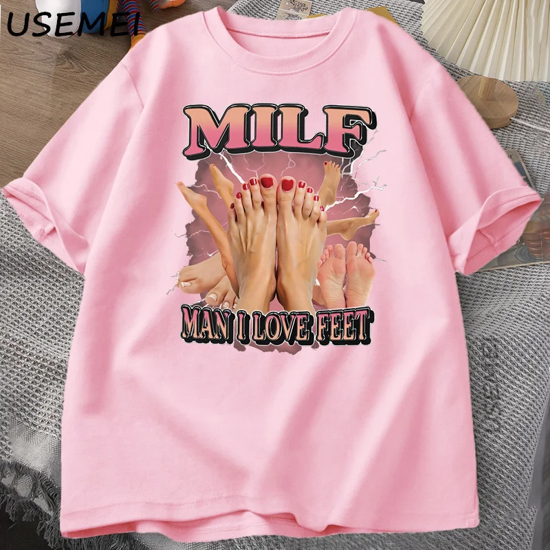 Men's Adult Humor Graphic T-Shirt - MILF Man I Love Feet - Funny Gag Tee, Round Neck, Short Sleeve, Casual Loose Streetwear