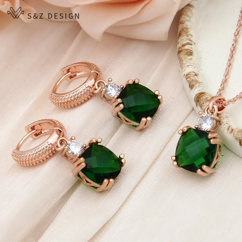 S&Z DESIGN New Fashion 585 Rose Gold Color Square Crystal Drop Earrings Jewelry Sets For Women Wedding Pendant Necklace Gift