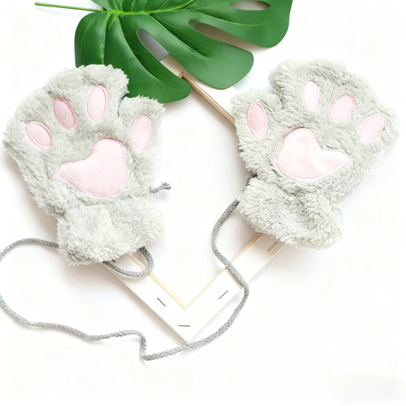 Lovely Plush Cat Claw Paw Gloves Plush Mittens Warm Plush Soft Short Fingerless Fluffy Bear Gloves Costume Half Finger Gloves