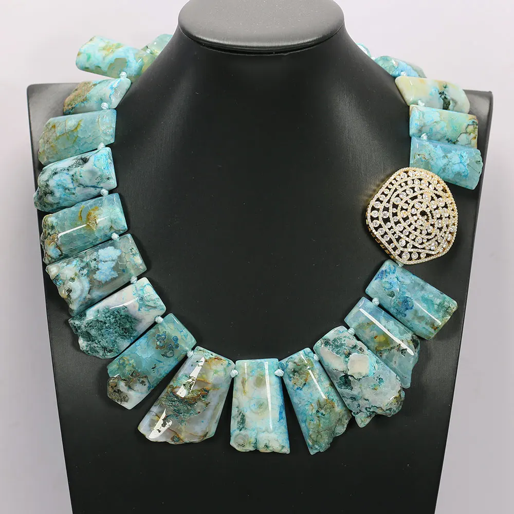 

GuaiGuai Jewelry Blue Agates Ocean Jasper Top-Drilled Real Gems Stone Nugget Coated CZ Connector Necklace Handmade For Women