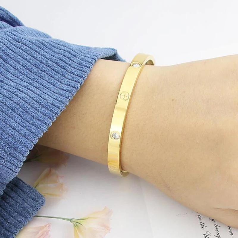 Stainless Steel Bracelet New Design Gold Color Zircon And Cross Nut Nail Bracelet Gold & Bangle For Woman Stainless Steel Screw Brand Jewelry
