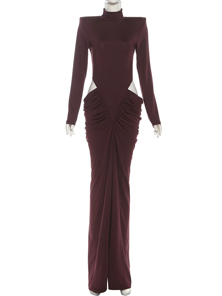 Nibber Hipster Waistless Ruched Elegant Dress Woman Autumn Style Turtleneck Full Sleeve Hollow Design Prom Party Long Bodycon