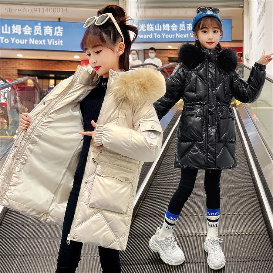 

Winter Children's Cotton Padded Coat Solid Color Medium Long Down Jacket Girls Thicken Warm Kids Fur Hooded Parka Clothes