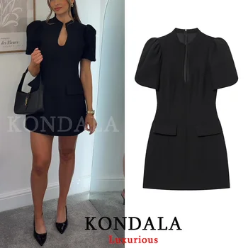 KONDALA Elegant Holiday Chic Women Mini Dress Black O-Neck Zipper Short Puff Sleeve Dress Fashion 2026 Spring Summer Party Dress 1