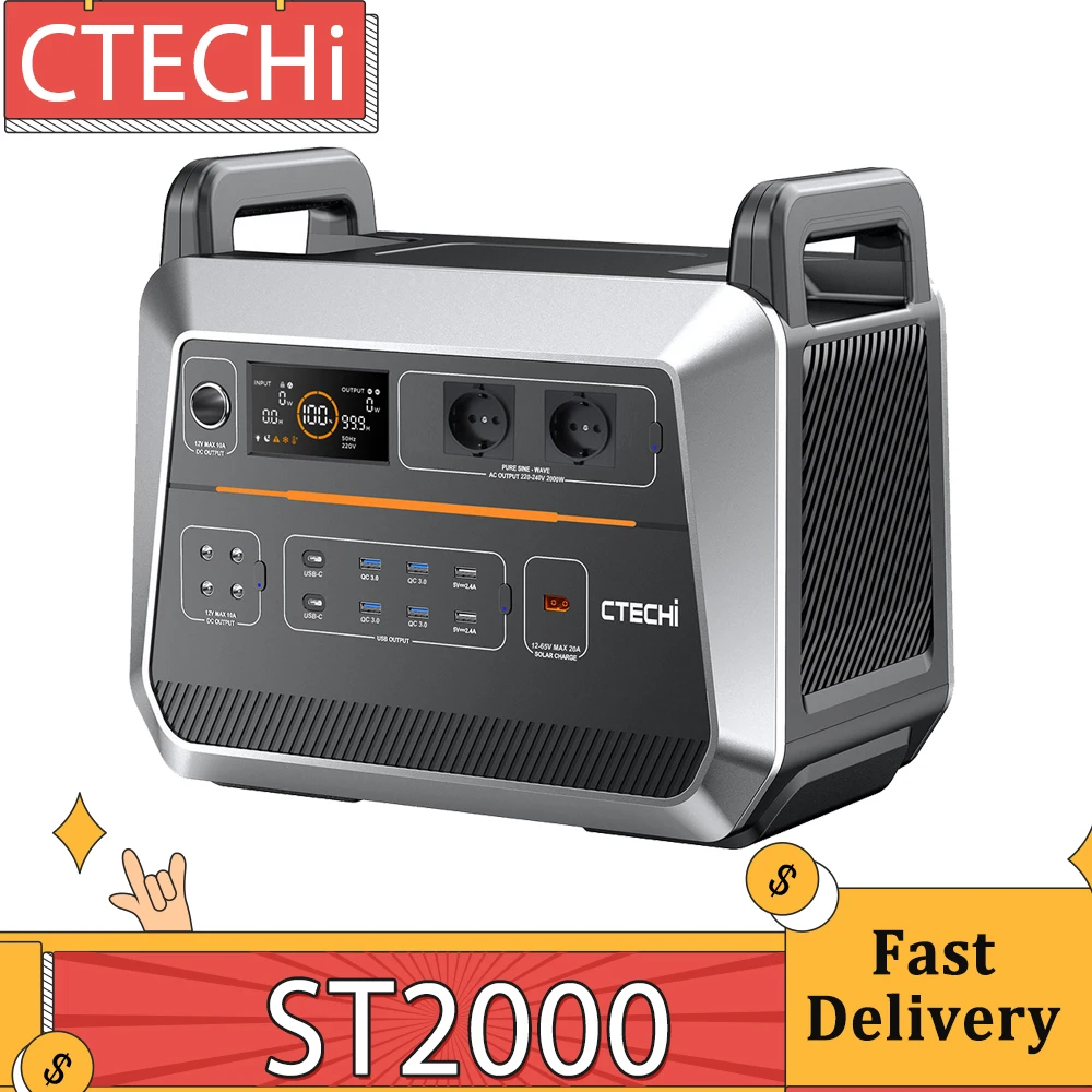 Ctechi St2000 Centrale Elettrica Portatile Da 2000W, Batteria Lifepo4 Da 1536Wh, 15 Uscite, Luce A Led, Alimentatore Di Emergenza