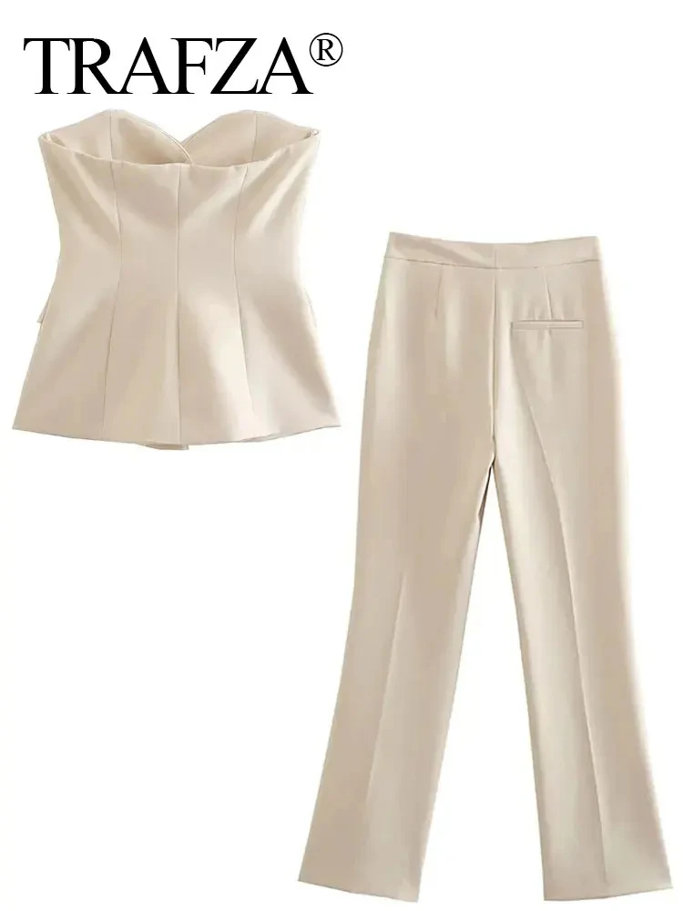 TRAFZA 2024 Women Solid Tube Top Pant Suit Sleeveless Off Shoulder Single Breasted Tube Top+All-match Straight Trousers Set TRAF