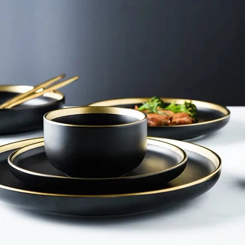 Ceramic Kitchen Plates Sets Gold Inlay Dinner Service Steak Plates Bowls Cake Salad Dish Serving Tray Dessert Tableware