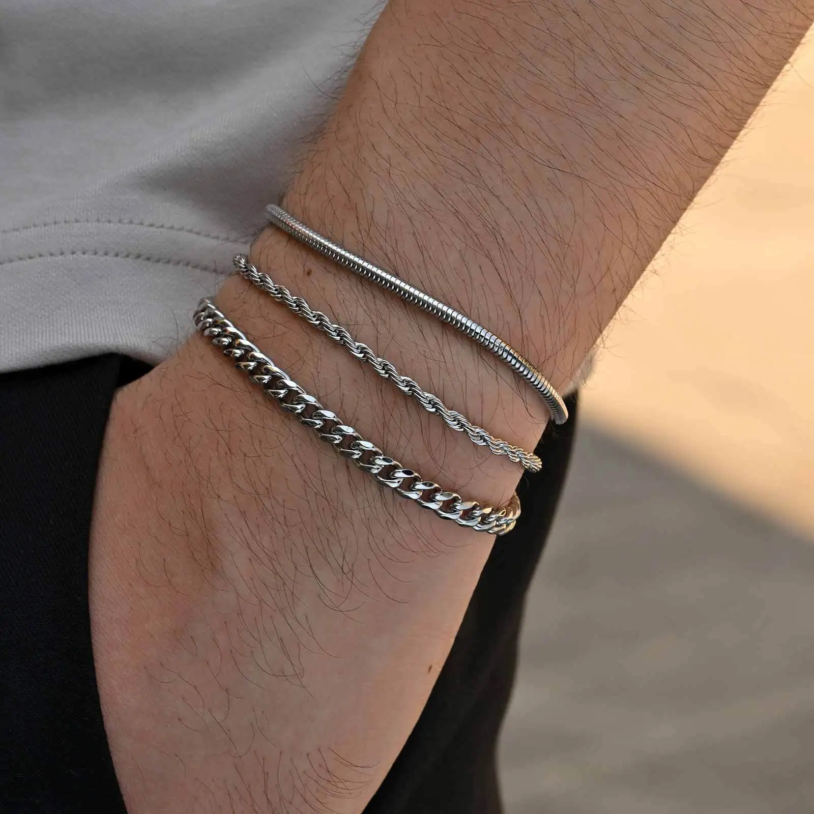 3pcs/set Cuban Chain Bracelet for Men,Classic Stainless Steel Stacked Bracelet,Punk Basic Chains Jewelry Gifts