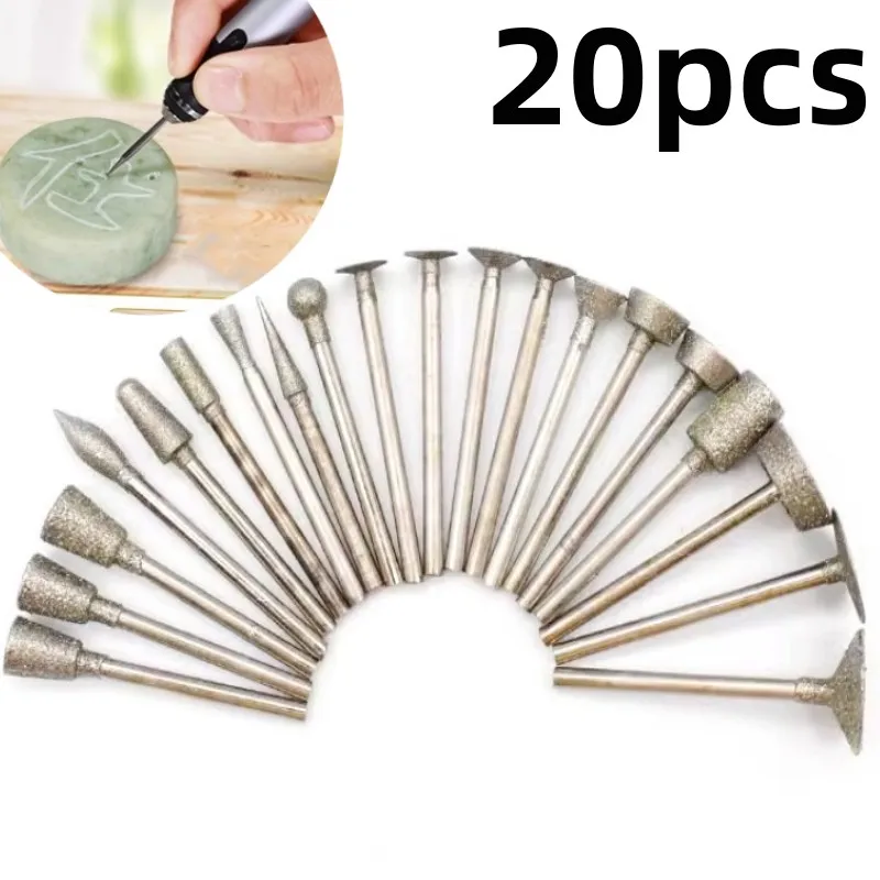 20Pcs 3mm Shank Diamond Grinding Burr Needle Point Engraving Carving Polishing Glass Jade Stone Drill Bit Rotary Tool Set 2pc diamond needle files rotary file red plastic handle flat square head for metal stone grinding crafts jewelry polishing tool