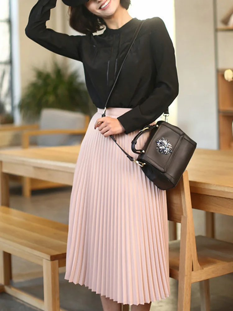 

Spring and Autumn New Fashion Women's High Waist Pleated Solid Color Half Length Elastic Skirt Promotions Lady Black Pink