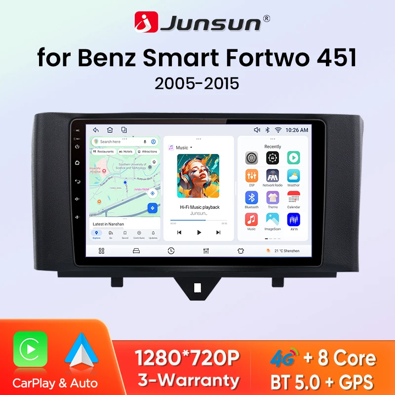 Junsun Wireless CarPlay Android Auto Autoradio für Mercedes Benz Smart Fortwo 451 2005-2015 8-Kern 4G WiFi GPS Navigation SWC RDS Multimedia Player Stereo