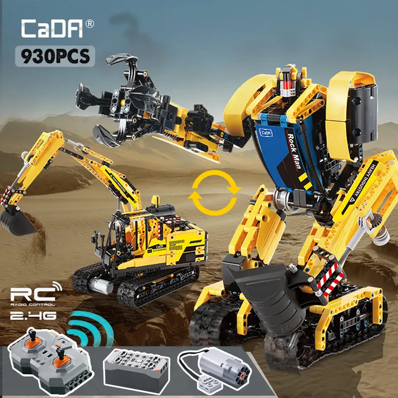 Cada 930PCS RC 2 in 1 Deformation Robot Megalithic Intelligent Building Blocks City Remote Control Excavator Bricks Toys for Kid