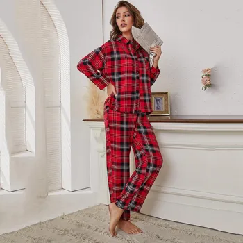 Fahsion Black Red Plaid Print Pajamas Suit Women Spring Autumn Sleepwear 2 Piece Set Long Sleeve Lapel Button Up Shirts+Pants 2
