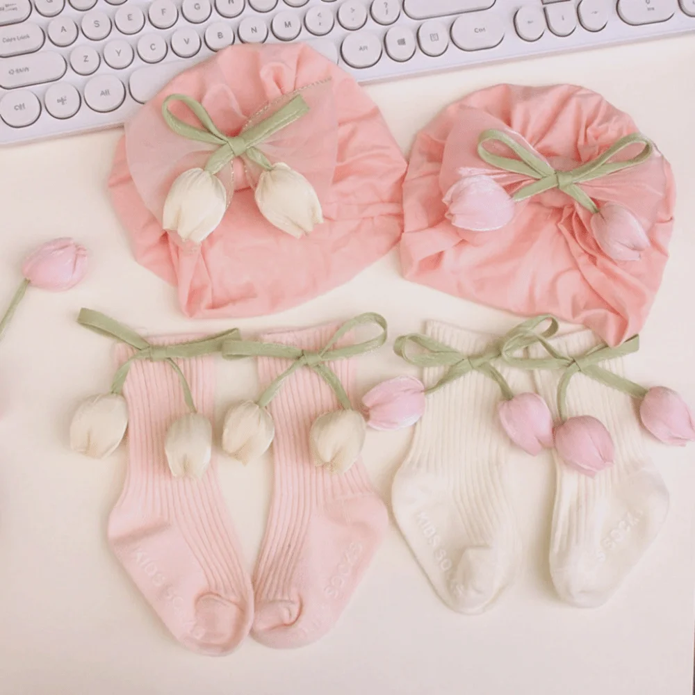 귀여운 달콤한 리본  모자 양말 세트 풀립 꽃 사진 소품 소녀 긴 양말 탄성 비..