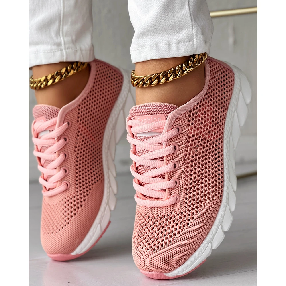 Women Hollow Out Breathable Mesh Lace-up Sneakers Daily Casual Round Toe Sports Shoes Spring Sneakers Going Out Pink Flats Shoes