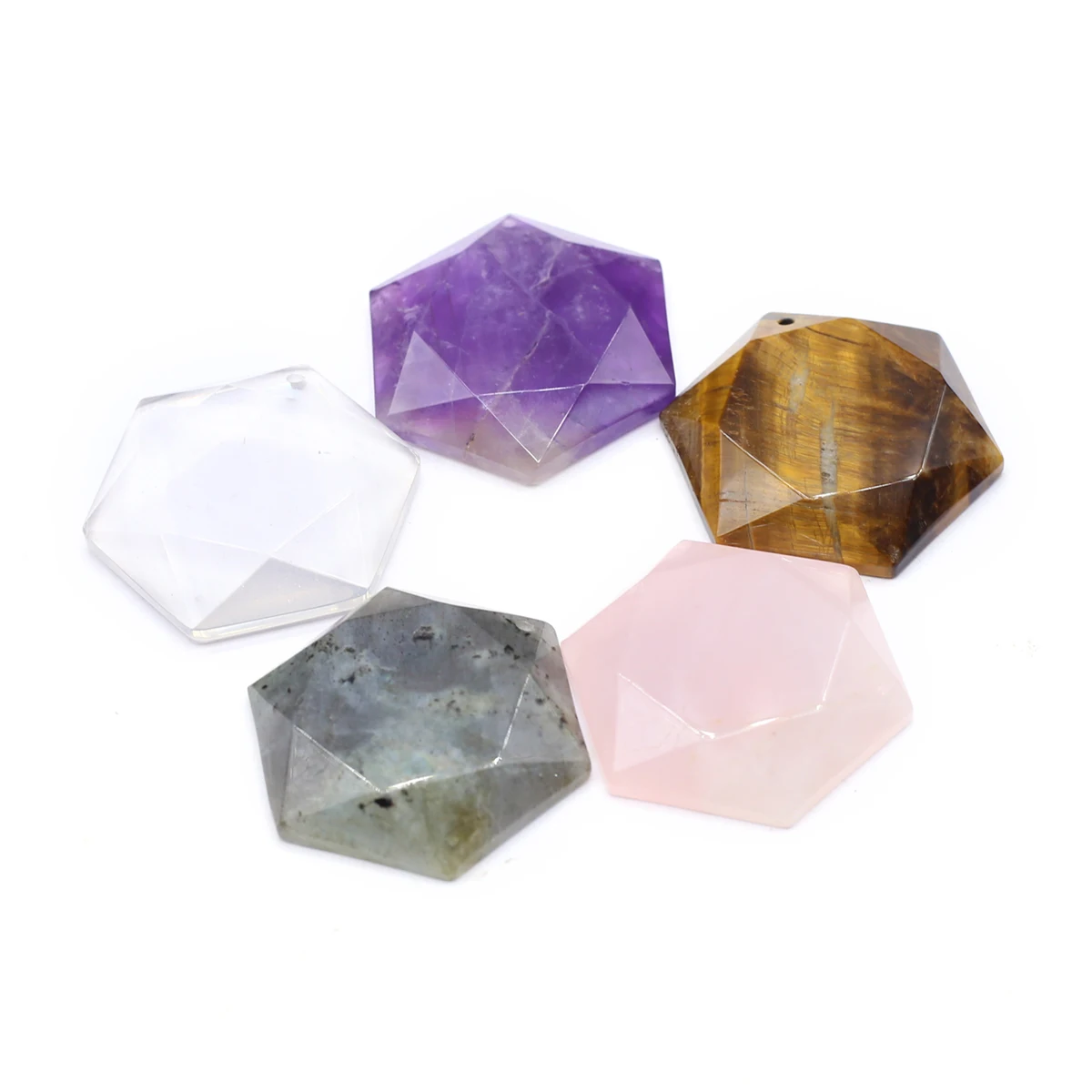 5PCS Reiki Healing Natural Amethyst Rose Quartz Tiger Eye Stone Flash Labradorite Hexagonal Pendant Jewelry Making DIY Necklace